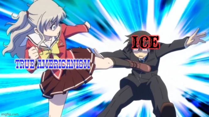 Nao Tomori kicking | ICE; TRUE AMERICANISM | image tagged in nao tomori kicking,ice,donald trump,anime,charlotte anime,charlotte | made w/ Imgflip meme maker