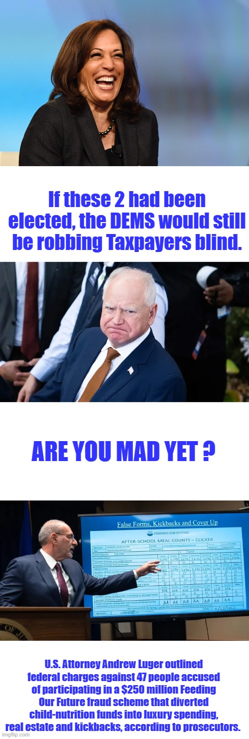 Dem party is totally corrupt if you deny it your blind or your getting paid to deny it. | If these 2 had been elected, the DEMS would still be robbing Taxpayers blind. ARE YOU MAD YET ? U.S. Attorney Andrew Luger outlined federal charges against 47 people accused of participating in a $250 million Feeding Our Future fraud scheme that diverted child-nutrition funds into luxury spending, real estate and kickbacks, according to prosecutors. | image tagged in kamala harris laughing | made w/ Imgflip meme maker