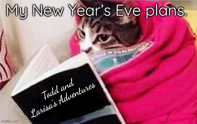 CAT READING A BOOK, CUTE CAT, KITTY | My New Year’s Eve plans. Todd and Larisa’s Adventures | image tagged in cat reading a book cute cat kitty | made w/ Imgflip meme maker