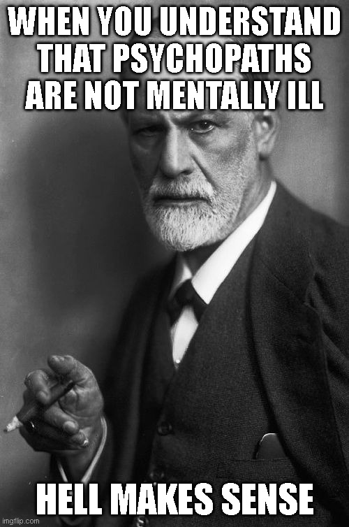 Sigmund Freud Meme | WHEN YOU UNDERSTAND THAT PSYCHOPATHS ARE NOT MENTALLY ILL; HELL MAKES SENSE | image tagged in memes,sigmund freud | made w/ Imgflip meme maker