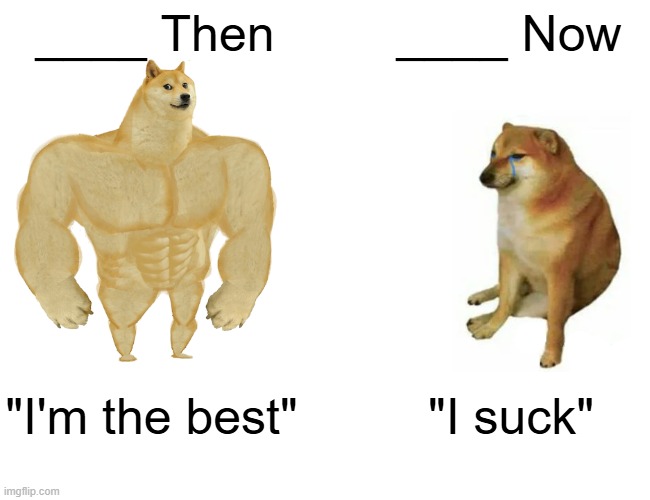 All of these memes in a nutshell | ____ Then; ____ Now; "I'm the best"; "I suck" | image tagged in memes,buff doge vs cheems | made w/ Imgflip meme maker