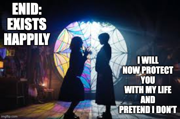 Wednesday dorm | ENID: EXISTS HAPPILY; I WILL NOW PROTECT YOU WITH MY LIFE AND PRETEND I DON’T | image tagged in wednesday dorm,enid,dorm,window,wednesday,wednesday addams | made w/ Imgflip meme maker