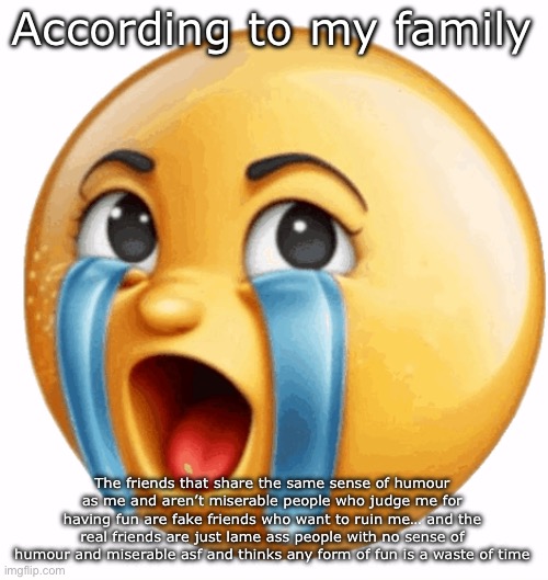 I can probably describe it better but yk what I mean | According to my family; The friends that share the same sense of humour as me and aren’t miserable people who judge me for having fun are fake friends who want to ruin me… and the real friends are just lame ass people with no sense of humour and miserable asf and thinks any form of fun is a waste of time | image tagged in realistic sob crying emoji | made w/ Imgflip meme maker