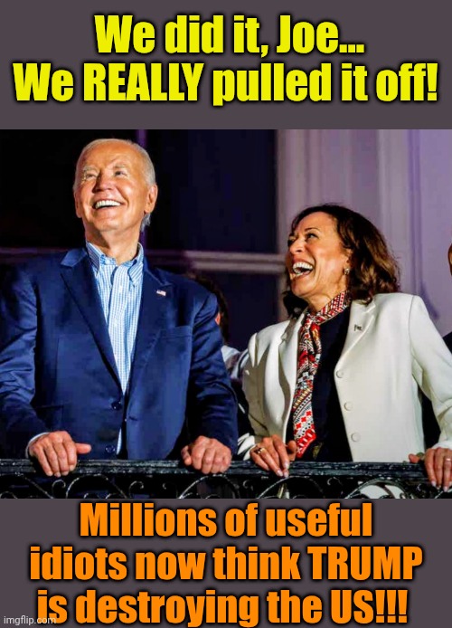 Libtards gonna... Libtard. | We did it, Joe... We REALLY pulled it off! Millions of useful idiots now think TRUMP is destroying the US!!! | made w/ Imgflip meme maker