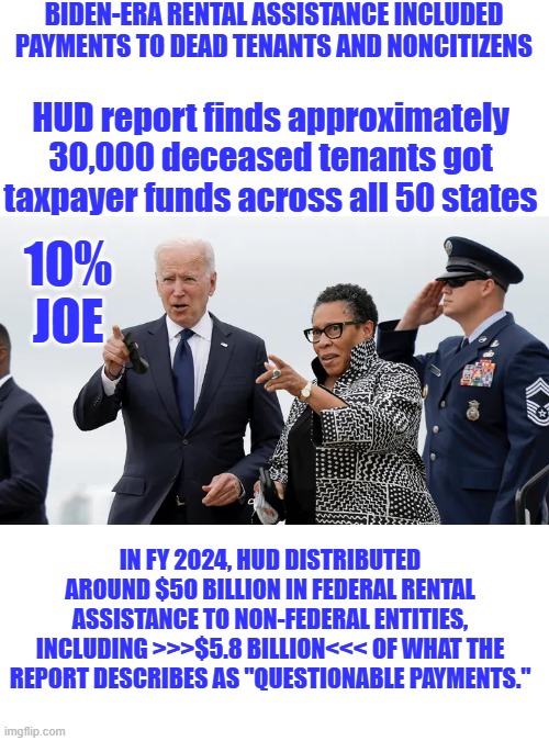 Crooks all of them | BIDEN-ERA RENTAL ASSISTANCE INCLUDED PAYMENTS TO DEAD TENANTS AND NONCITIZENS; HUD report finds approximately 30,000 deceased tenants got taxpayer funds across all 50 states; 10% JOE; IN FY 2024, HUD DISTRIBUTED AROUND $50 BILLION IN FEDERAL RENTAL ASSISTANCE TO NON-FEDERAL ENTITIES, INCLUDING >>>$5.8 BILLION<<< OF WHAT THE REPORT DESCRIBES AS "QUESTIONABLE PAYMENTS." | made w/ Imgflip meme maker