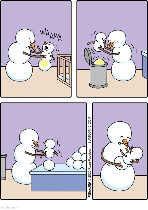 How snow people change their baby’s diaper… | image tagged in comics,buni comics,snow people,baby,wet,change | made w/ Imgflip meme maker