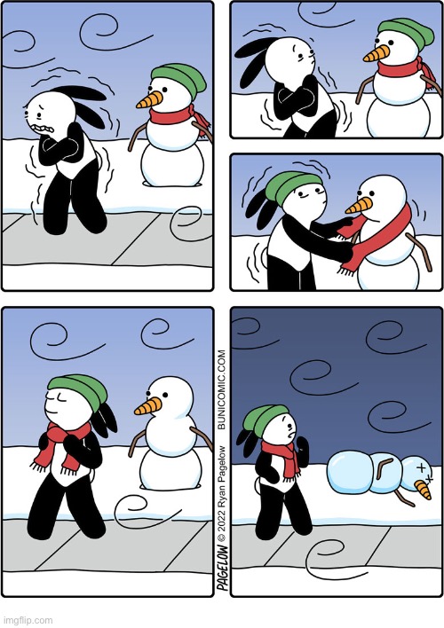 Buni Comics | image tagged in comics,buni comics,snowman,freezing,hat and scarf,dead snowman | made w/ Imgflip meme maker