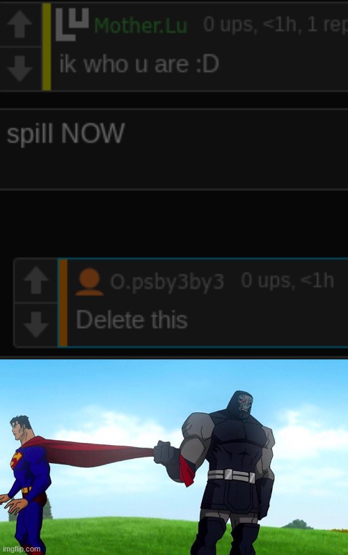 image tagged in darkseid pulling superman cape | made w/ Imgflip meme maker