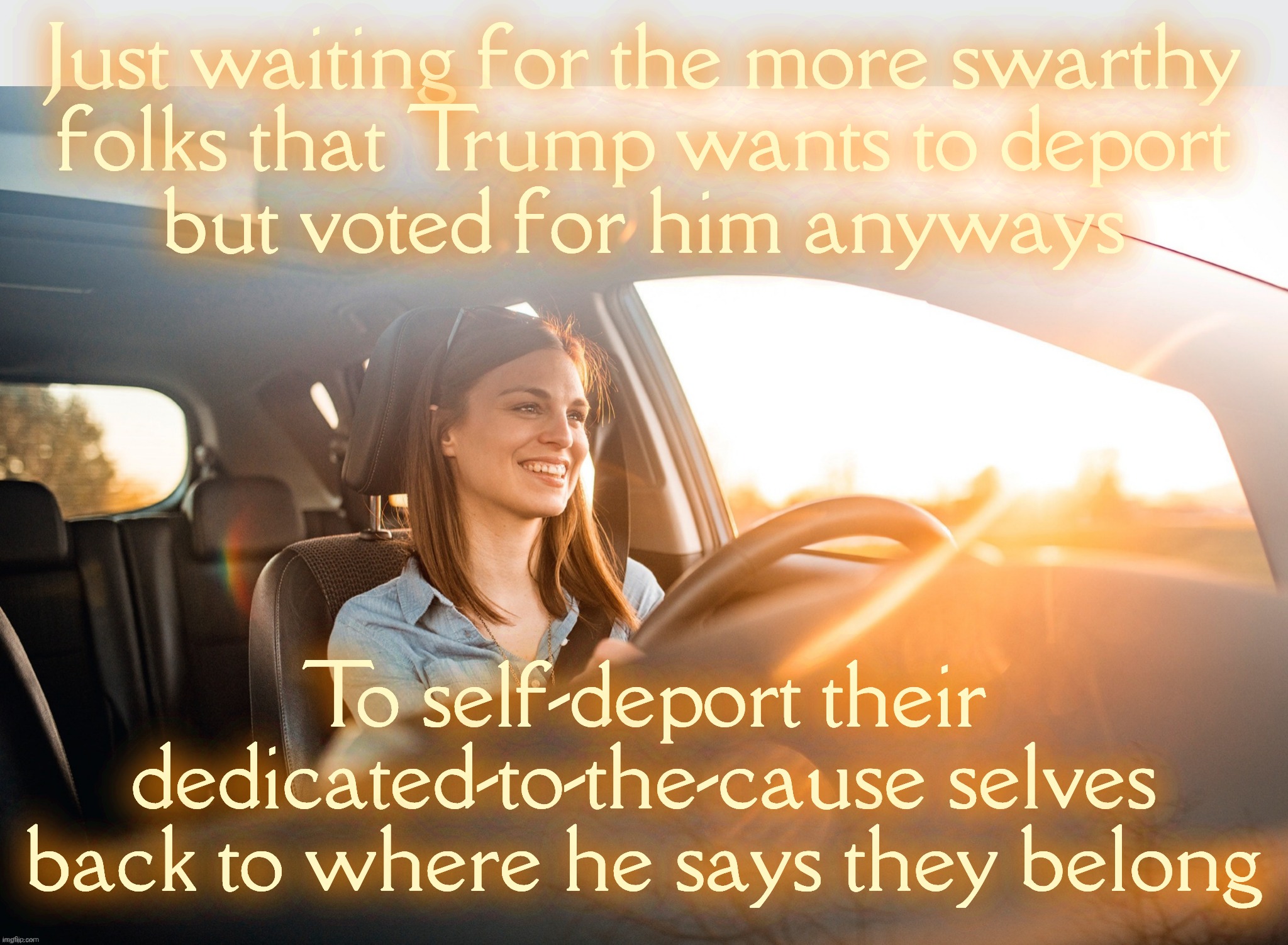 Do your part for the cause and leave already | Just waiting for the more swarthy
folks that Trump wants to deport
but voted for him anyways; To self-deport their dedicated-to-the-cause selves back to where he says they belong | image tagged in smiling in the car | made w/ Imgflip meme maker