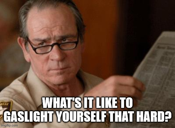 WHAT'S IT LIKE TO GASLIGHT YOURSELF THAT HARD? | image tagged in tommy lee jones | made w/ Imgflip meme maker