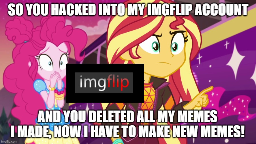 If you're gonna hack into my account and delete all the memes i made, then you will get blocked! | SO YOU HACKED INTO MY IMGFLIP ACCOUNT; AND YOU DELETED ALL MY MEMES I MADE, NOW I HAVE TO MAKE NEW MEMES! | image tagged in sunset accuses postcrush pinkie socked | made w/ Imgflip meme maker