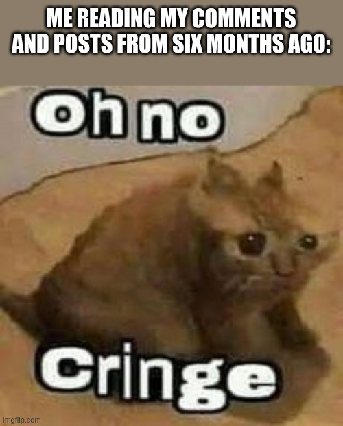 =(   (FRFR-sam) | ME READING MY COMMENTS AND POSTS FROM SIX MONTHS AGO: | image tagged in oh no cringe,sorry for that | made w/ Imgflip meme maker