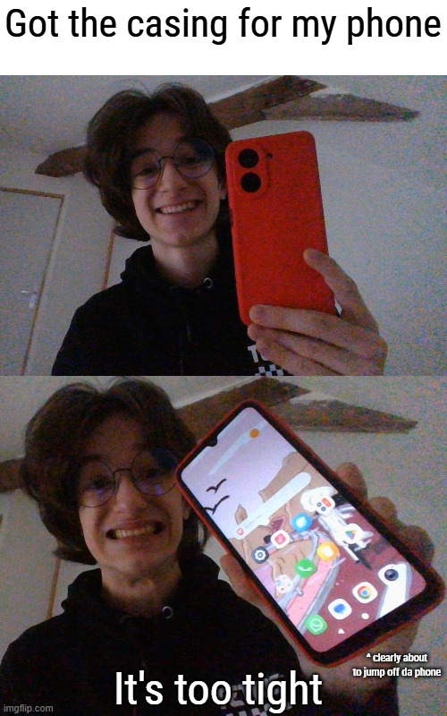 oh btw i'm back at my house | Got the casing for my phone; It's too tight; ^ clearly about to jump off da phone | made w/ Imgflip meme maker
