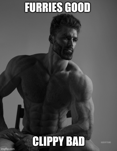 Giga Chad | FURRIES GOOD CLIPPY BAD | image tagged in giga chad | made w/ Imgflip meme maker