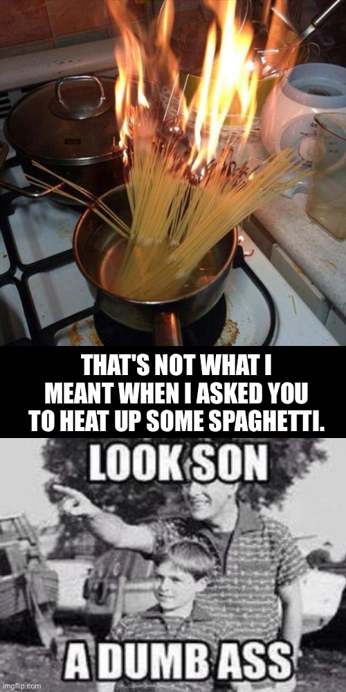 That's Not What I Meant | THAT'S NOT WHAT I MEANT WHEN I ASKED YOU TO HEAT UP SOME SPAGHETTI. | image tagged in duhhh dumbass,dumbasses,look son,spaghetti,what do you mean,u can't fix stupid | made w/ Imgflip meme maker