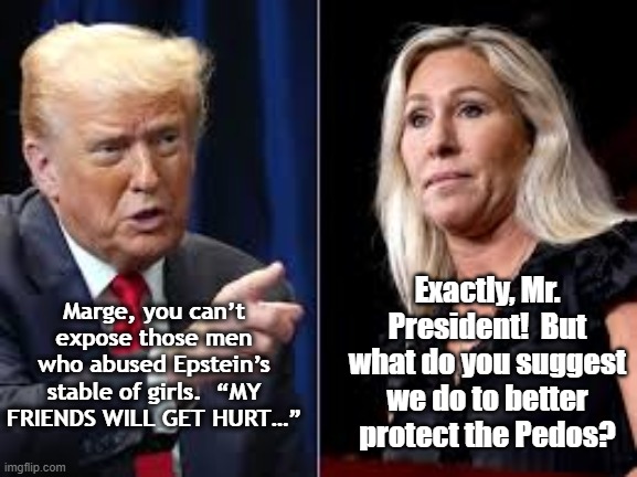 Protect the Pedos,Trump says to MTG | Exactly, Mr. President!  But what do you suggest we do to better protect the Pedos? Marge, you can’t expose those men who abused Epstein’s stable of girls.  “MY FRIENDS WILL GET HURT…” | image tagged in nevertrump,presidential alert,but that's not my fault,not my president,trump is an asshole,donald trump you're fired | made w/ Imgflip meme maker