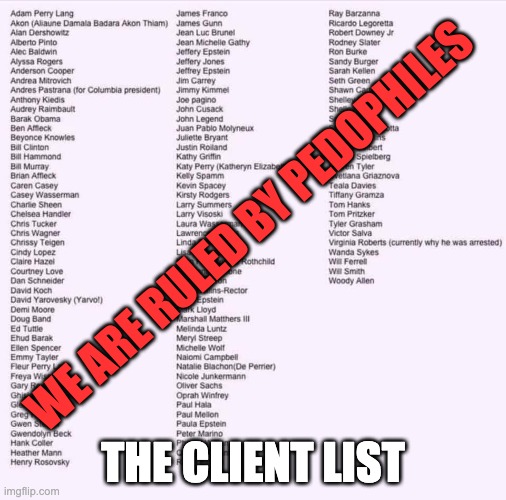 Epstein client list | WE ARE RULED BY PEDOPHILES; THE CLIENT LIST | image tagged in epstein client list | made w/ Imgflip meme maker