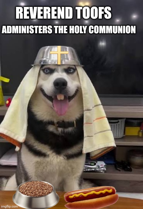 Religious Dog memes | REVEREND TOOFS; ADMINISTERS THE HOLY COMMUNION | image tagged in christianity | made w/ Imgflip meme maker