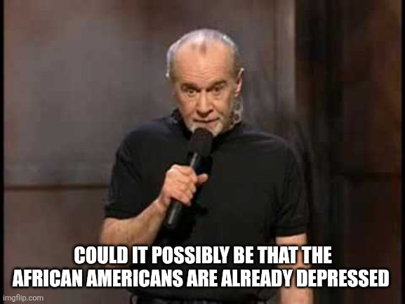 george carlin | COULD IT POSSIBLY BE THAT THE AFRICAN AMERICANS ARE ALREADY DEPRESSED | image tagged in george carlin | made w/ Imgflip meme maker