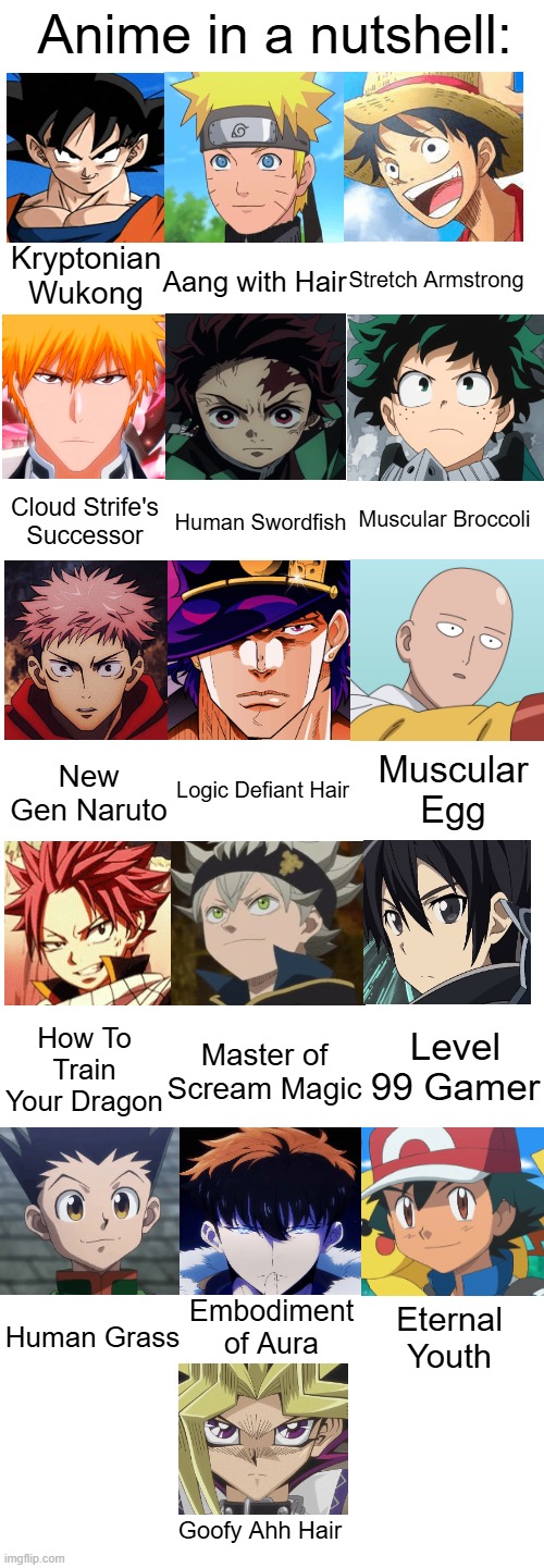 Anime Meme | Anime in a nutshell:; Kryptonian Wukong; Stretch Armstrong; Aang with Hair; Cloud Strife's Successor; Muscular Broccoli; Human Swordfish; Muscular Egg; New Gen Naruto; Logic Defiant Hair; How To Train Your Dragon; Level 99 Gamer; Master of Scream Magic; Human Grass; Embodiment of Aura; Eternal Youth; Goofy Ahh Hair | image tagged in anime,anime meme,anime memes,fun,funny memes,fart | made w/ Imgflip meme maker