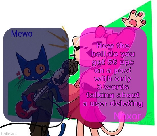 He cannot possibly be that important | How the hell do you get 56 ups on a post with only 3 words talking about a user deleting | image tagged in mewo and noxor's temp | made w/ Imgflip meme maker