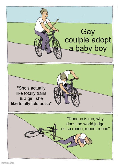 Bike Fall Meme | Gay coulple adopt a baby boy; "She's actually like totally trans & a girl, she like totally told us so"; "Reeeee is me, why does the world judge us so reeee, reeee, reeee" | image tagged in memes,bike fall | made w/ Imgflip meme maker