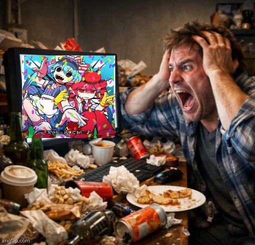 Plot twist: the song is about miku being hypnotise and teto using hand gestures as a SOS | image tagged in man screaming at a blank screen ai slop | made w/ Imgflip meme maker