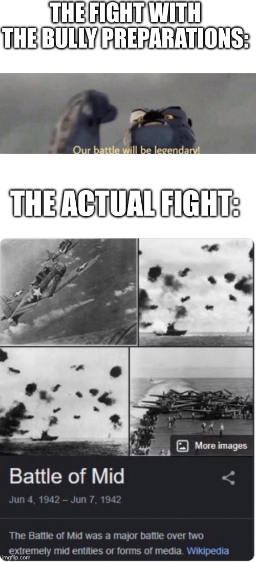 Is this the real life | THE FIGHT WITH THE BULLY PREPARATIONS:; THE ACTUAL FIGHT: | image tagged in our battle will be legendary,memes,blank transparent square,battle of mid | made w/ Imgflip meme maker