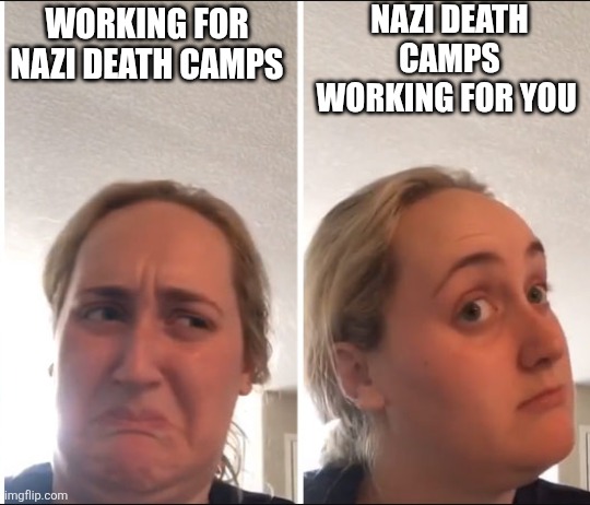 Works! | NAZI DEATH CAMPS WORKING FOR YOU; WORKING FOR NAZI DEATH CAMPS | image tagged in kombucha girl,nazi,feminazi,holocaust,hitler,oh wow are you actually reading these tags | made w/ Imgflip meme maker