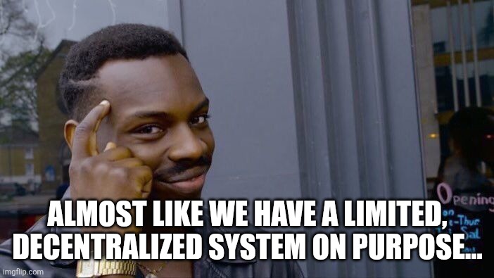 Roll Safe Think About It Meme | ALMOST LIKE WE HAVE A LIMITED, DECENTRALIZED SYSTEM ON PURPOSE... | image tagged in memes,roll safe think about it | made w/ Imgflip meme maker