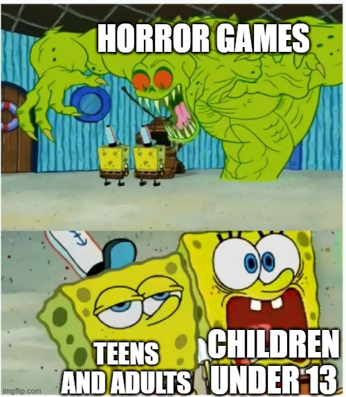 Don't let children play Horror games unless they're 13 or older | HORROR GAMES; CHILDREN UNDER 13; TEENS AND ADULTS | image tagged in spongebob squarepants scared but also not scared,horror | made w/ Imgflip meme maker