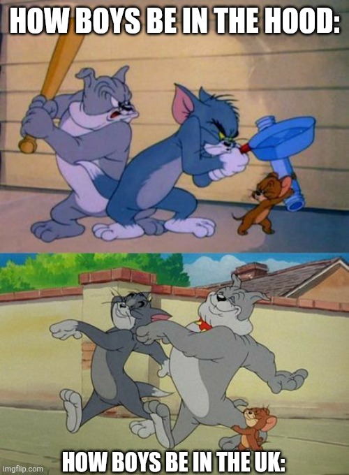 Tom Jerry and Spike | HOW BOYS BE IN THE HOOD:; HOW BOYS BE IN THE UK: | image tagged in tom jerry and spike | made w/ Imgflip meme maker