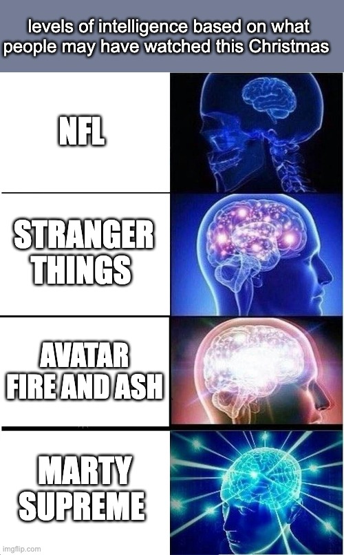 My thoughts on this year's Christmas in terms of entertainment... | levels of intelligence based on what people may have watched this Christmas; NFL; STRANGER THINGS; AVATAR FIRE AND ASH; MARTY SUPREME | image tagged in memes,expanding brain | made w/ Imgflip meme maker