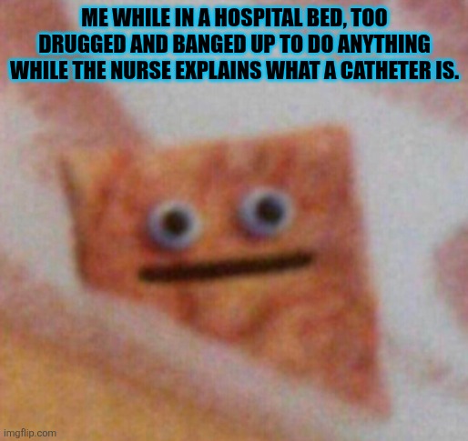 Cinnamon Toast Crunch | ME WHILE IN A HOSPITAL BED, TOO DRUGGED AND BANGED UP TO DO ANYTHING WHILE THE NURSE EXPLAINS WHAT A CATHETER IS. | image tagged in cinnamon toast crunch,hospital,bad day | made w/ Imgflip meme maker