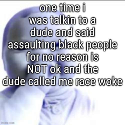 what the fuck is a race woke | one time i was talkin to a dude and said assaulting black people for no reason is NOT ok and the dude called me race woke | image tagged in niche baby | made w/ Imgflip meme maker
