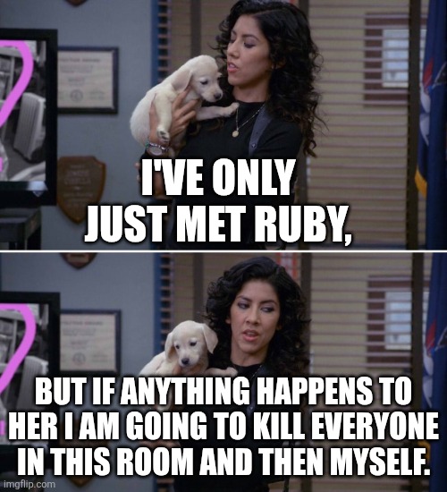 Blank  "I've only had Arlo for a day and a half" template | I'VE ONLY JUST MET RUBY, BUT IF ANYTHING HAPPENS TO HER I AM GOING TO KILL EVERYONE IN THIS ROOM AND THEN MYSELF. | image tagged in blank i've only had arlo for a day and a half template | made w/ Imgflip meme maker
