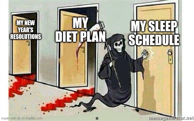 Grim Reaper Knocking Door | MY SLEEP SCHEDULE; MY DIET PLAN; MY NEW YEAR'S RESOLUTIONS | image tagged in grim reaper knocking door | made w/ Imgflip meme maker