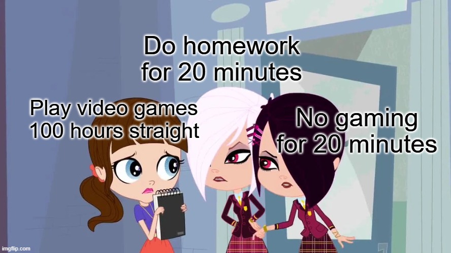 I want gaming now! | Do homework for 20 minutes; Play video games 100 hours straight; No gaming for 20 minutes | image tagged in biskit twins bullying blythe | made w/ Imgflip meme maker