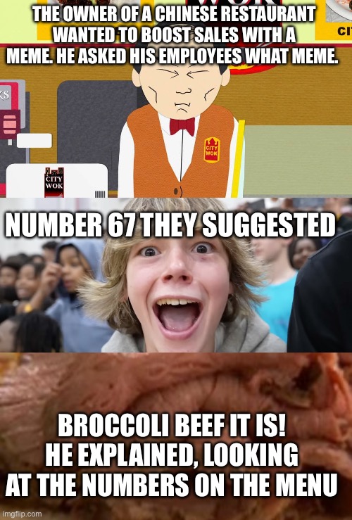 Somehow I doubt this will persuade you the reset is going to destroy anything of value | THE OWNER OF A CHINESE RESTAURANT WANTED TO BOOST SALES WITH A MEME. HE ASKED HIS EMPLOYEES WHAT MEME. NUMBER 67 THEY SUGGESTED; BROCCOLI BEEF IT IS! HE EXPLAINED, LOOKING AT THE NUMBERS ON THE MENU | image tagged in south park chinese restaurant,67 kid,broccoli beef | made w/ Imgflip meme maker