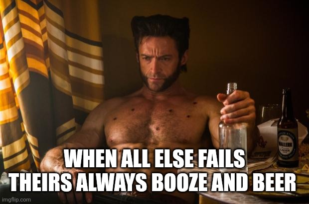 Wolverine depressed | WHEN ALL ELSE FAILS THEIRS ALWAYS BOOZE AND BEER | image tagged in wolverine depressed | made w/ Imgflip meme maker