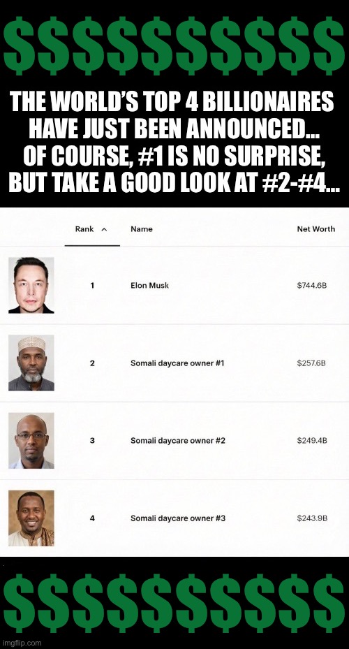 Being a Somalian in the U.S. can be very lucrative… | $$$$$$$$$$; $$$$$$$$$$ | image tagged in political meme,billionaires,elon musk,top 4,somalian,scams | made w/ Imgflip meme maker