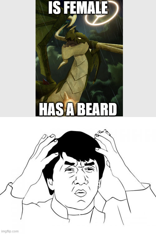 WHERE IS THE LOGIC | IS FEMALE; HAS A BEARD | image tagged in memes,jackie chan wtf,ninjago | made w/ Imgflip meme maker