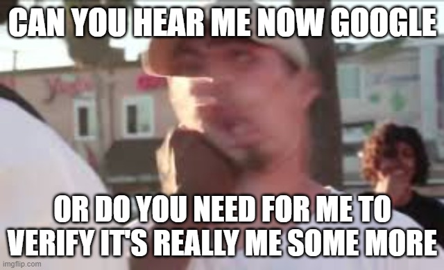 Do you still need to verify it's really me? | CAN YOU HEAR ME NOW GOOGLE; OR DO YOU NEED FOR ME TO VERIFY IT'S REALLY ME SOME MORE | image tagged in verify it's really you,google,face punch | made w/ Imgflip meme maker