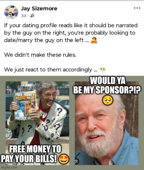 why-dating-sucks | WOULD YA BE MY SPONSOR?!? 
🥺; FREE MONEY TO PAY YOUR BILLS! 🤩 | image tagged in dating sucks | made w/ Imgflip meme maker