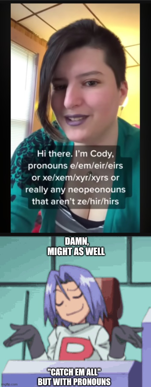 This was funnier in my head lol. yeah that's right, impact fonts, HA! | DAMN, MIGHT AS WELL; "CATCH EM ALL" BUT WITH PRONOUNS | made w/ Imgflip meme maker