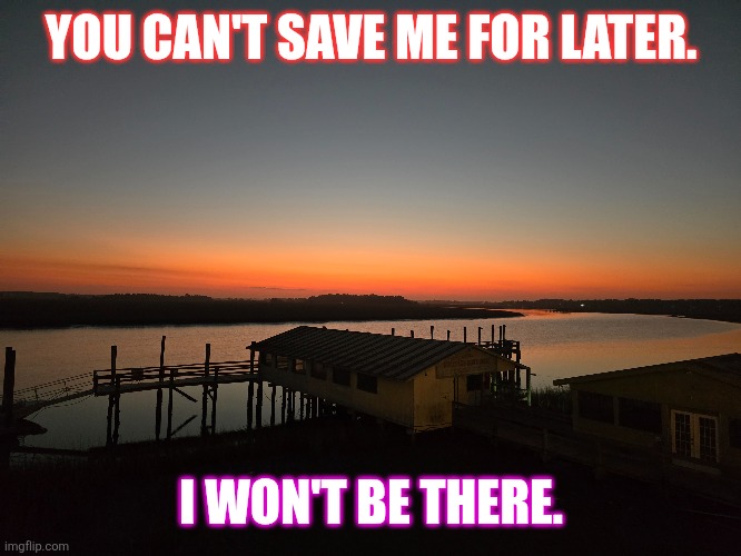 You can't save me for later. | YOU CAN'T SAVE ME FOR LATER. I WON'T BE THERE. | image tagged in move on | made w/ Imgflip meme maker