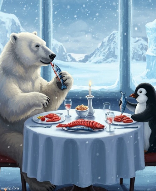 Polar Opposites | image tagged in ai art,craiyon,polar bear,penguin,frozen food,brian einersen | made w/ Imgflip meme maker
