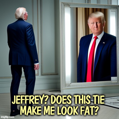 JEFFREY? DOES THIS TIE 
MAKE ME LOOK FAT? | image tagged in jeffrey epstein,trump,tie,fat,mirror | made w/ Imgflip meme maker