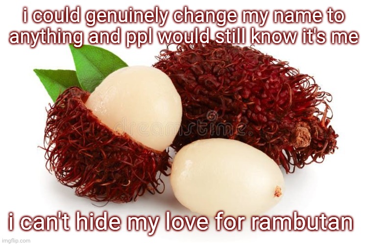 Rambutan | i could genuinely change my name to anything and ppl would still know it's me; i can't hide my love for rambutan | image tagged in rambutan | made w/ Imgflip meme maker