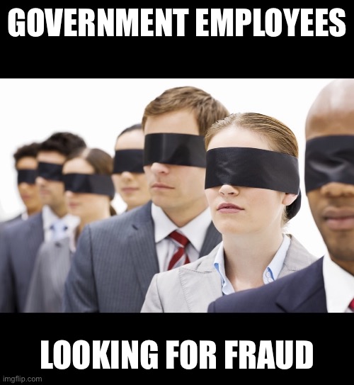 Blindfolded | GOVERNMENT EMPLOYEES; LOOKING FOR FRAUD | image tagged in blindfolded | made w/ Imgflip meme maker